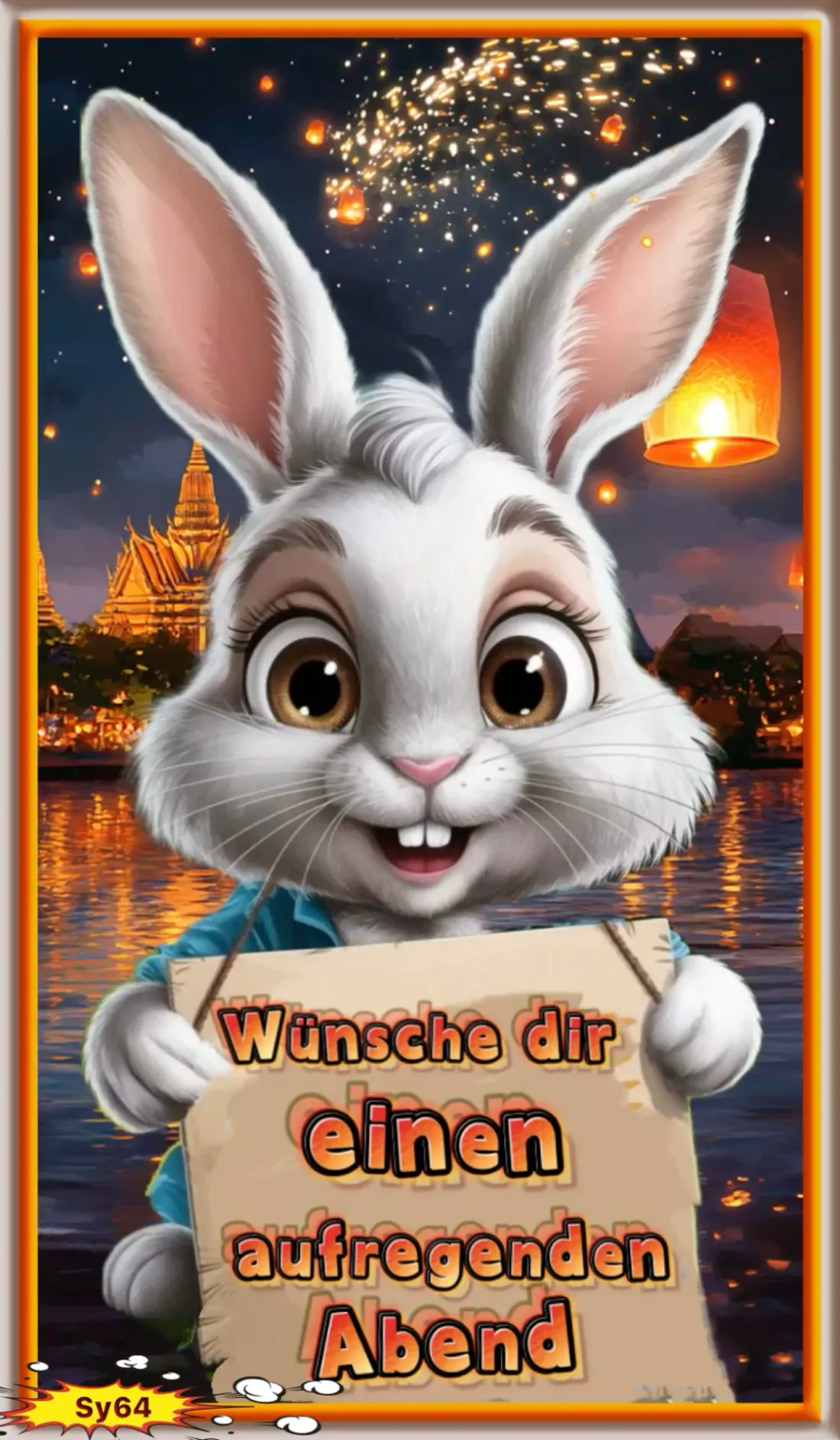 Ein Cartoon-Hase hält ein Schild mit dem Text Wünsche dir einen aufregenden Abend vor einem See mit einem Tempel und Laternen im Hintergrund